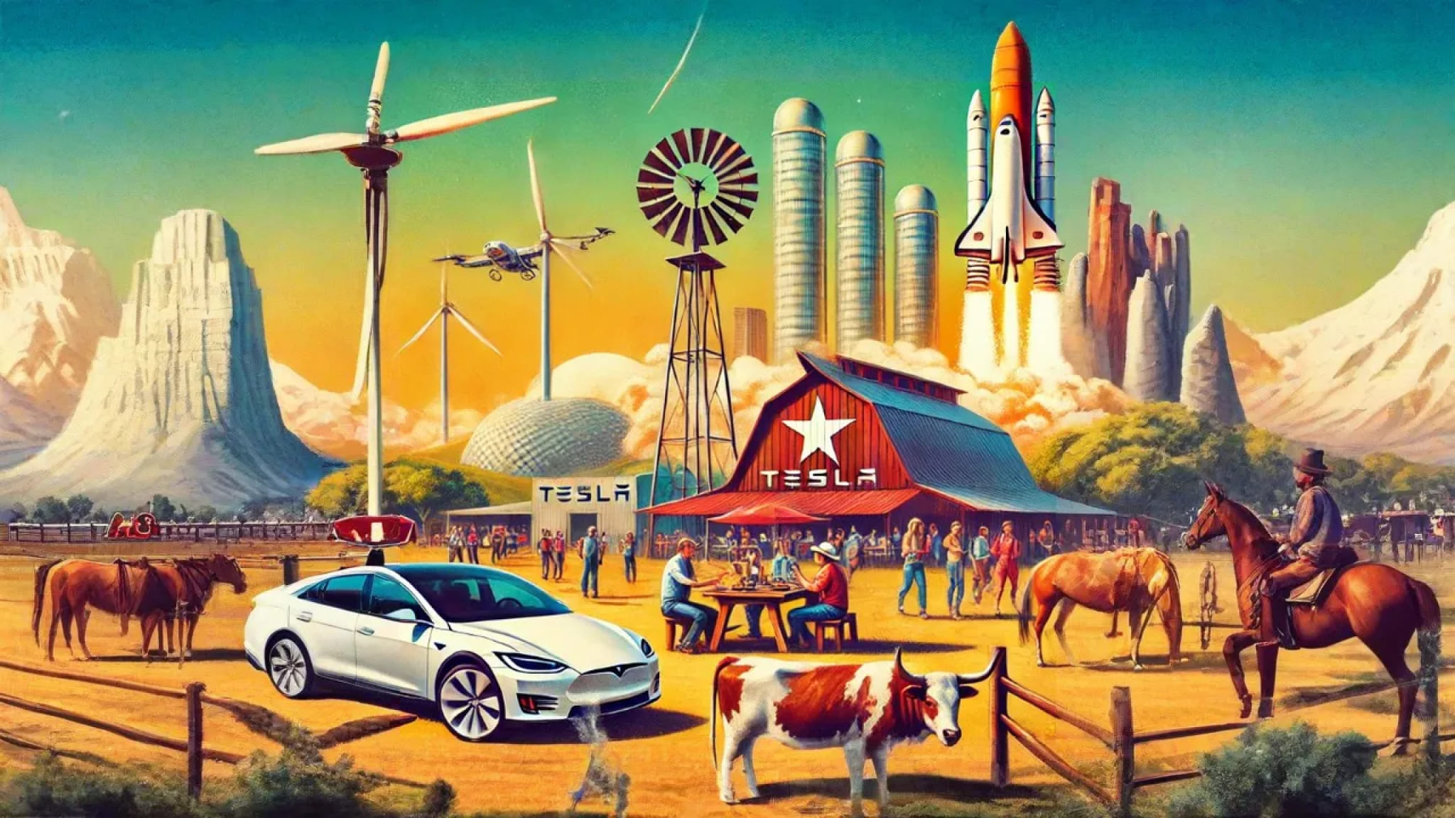 cowboys on ranch in texas, tesla car in foreground, ranch, tesla factory and grand canyon